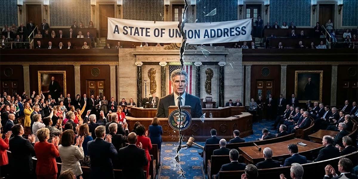 A divided chamber symbolizing the tension between national ceremony and political fracture