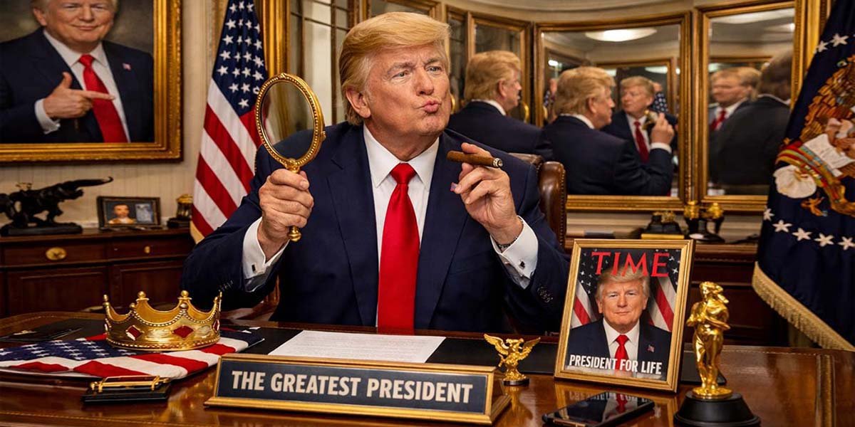 A political figure presented as spectacle, symbolizing politics as performance