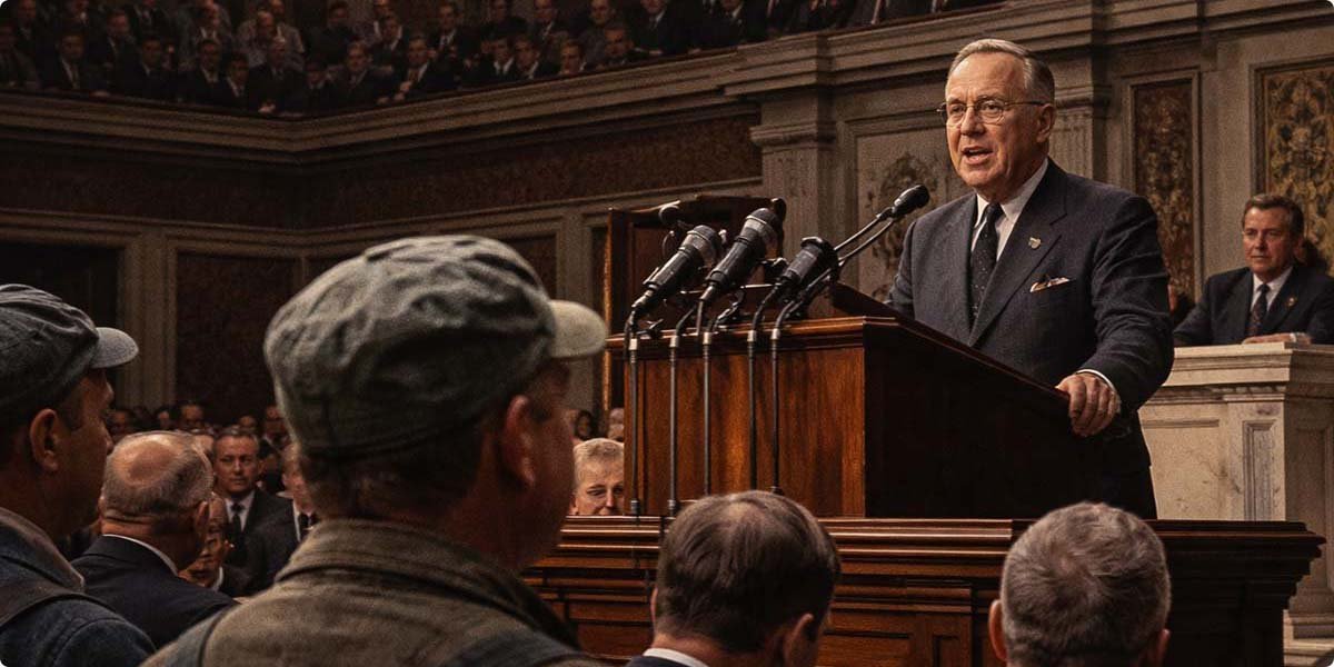 Illustration representing the 1946 railroad crisis and the pressure of executive authority