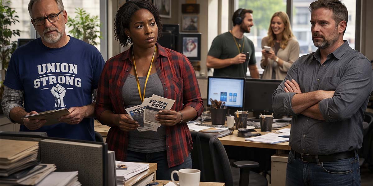 Workers in a union workplace facing tension over dues and equal benefits